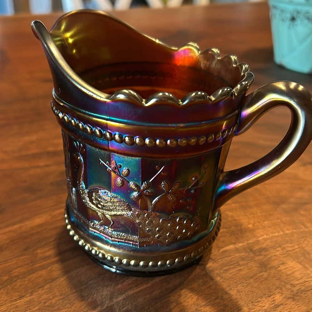 Antique Carnival Glass Peacock at the Fountain Creamer